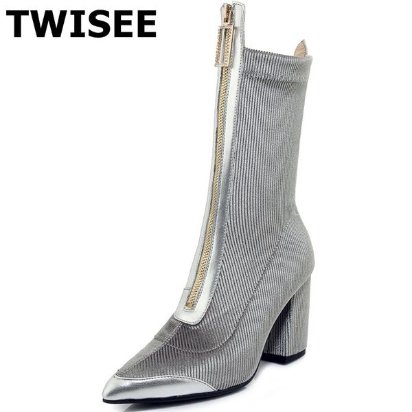 

mid calf boots new style solid zapatos mujer pumps strange style 8 cm fashion point toe woman party shoes genuine leather shoes, Black