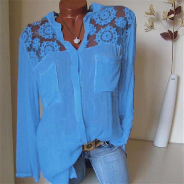 

fashion women summer autumn loose blouse 2018 ladies casual chiffon long sleeve lace patchwork shirt v-neck blouse new, White