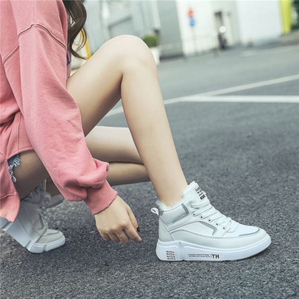 

white high-women's shoes 2019 winter plus velvet wild warm waterproof snow cotton shoes, Black