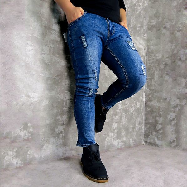 

2019 men's new jeans blue stretch ankle-length pants ripped broken man torn slim skinny denim biker jeans streetwear trousers