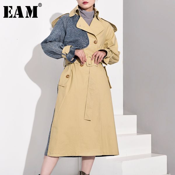 

eam] women denim split big size long trench new lapel long sleeve loose fit windbreaker fashion tide spring 2020 wj26604, Tan;black