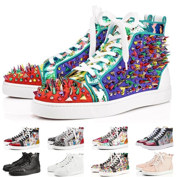 

2019 Fashion Luxury Designer For Men Women Red Bottoms shoes Studded Spikes Flat sneakers glitter Party Genuine Leather casual rivet shoe