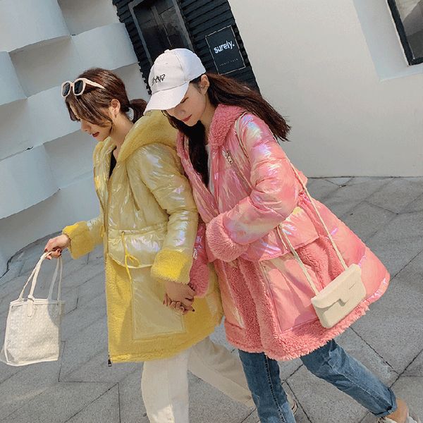 

2019 autumn and winter down jacket female velvet stitching cotton coat fashion thermal parkas pink loose style, Black