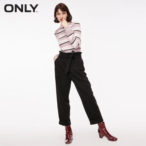 

only women's elasticized high waist rolled cuffs loose fit casual crop pants |118350525, Black;white