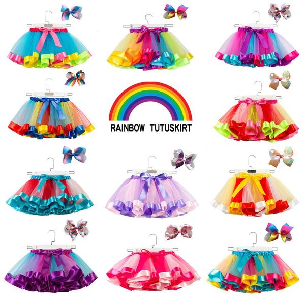 Neonate Tutu Dress Candy Rainbow Color Mesh Gonne in pizzo per bambini + Mollette con fiocco 2 pezzi / set moda bambini Dance Tutu Abiti 20 colori
