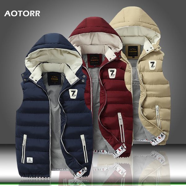 

winter men hooded vest warm sleeveless jacket men's parkas vest solid zipper jackets casual coat plus size s-5xl winterjas heren, Black
