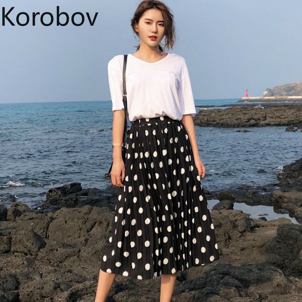 

korobov vintage elegant polka dot pleated skirt a line high waist beach women skirts summer korean long chiffon skirt 77751, Black