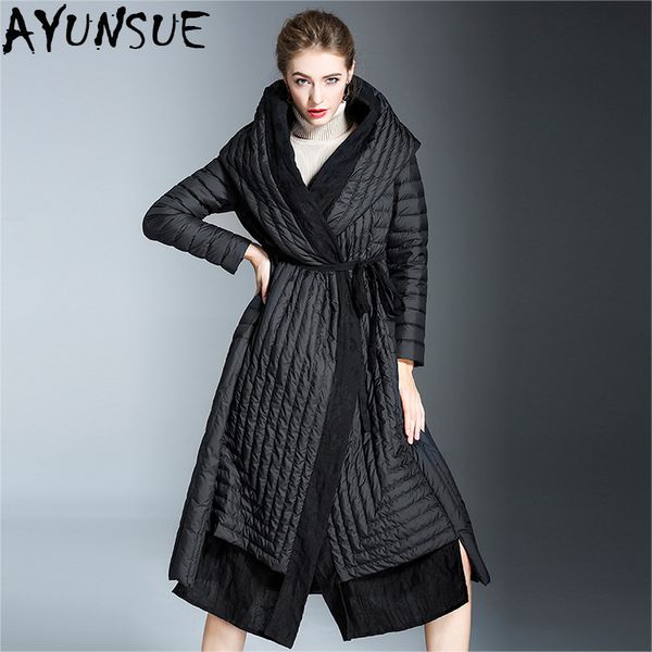 

ayunsue winter jackets women 90% white duck down jacket 2018 new european hooded long coat snow outwear chaqueta mujer lx2316, Black