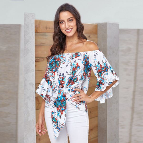 

womens fashion loose shirt ladys designer t-shirts women slash neck bell sleeve shirt womens casual print clothing 2020 new summer, White