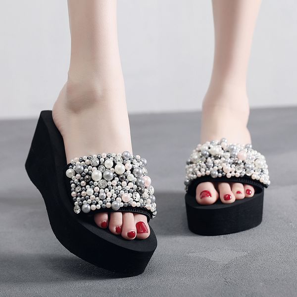 

vogue pearls slides women sandals heel slippers torridity sandal shoes handmade bohemia crystal female outdoor shoes slippers, Black
