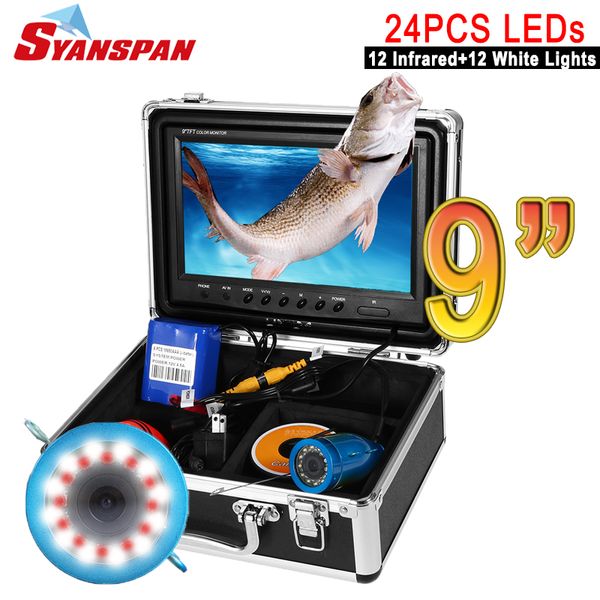 

syanspan original 9" lcd monitor 15/30/50m hd 1000tvl fish finder underwater ice fishing video camera kit 24 controllable leds