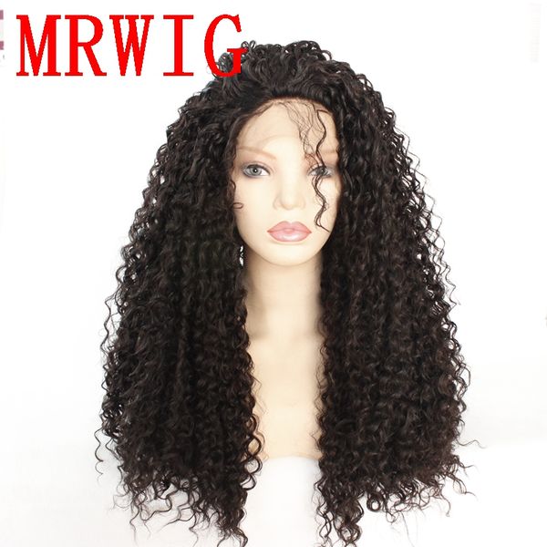 

mrwig dark brown hair color 26in 180%density kinky curly synthetic part front lace wig heat resistant fiber, Black