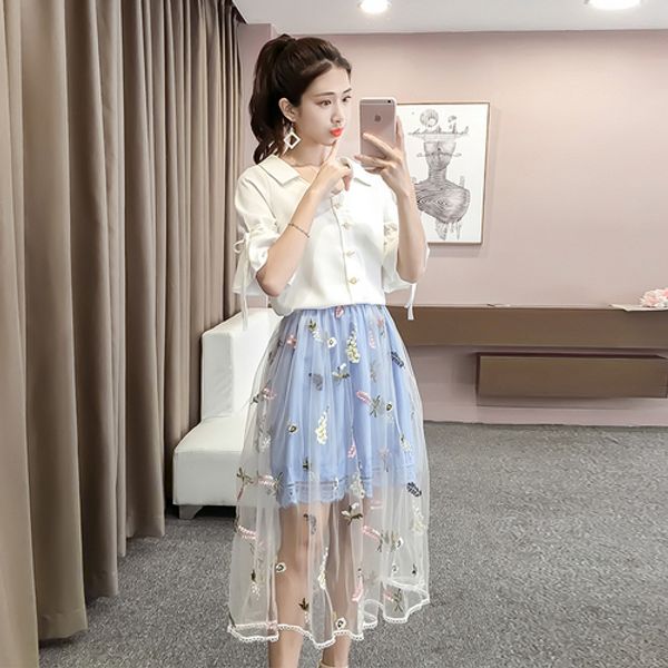 

fashion mesh high waist 2 pcs set brief chic v neck korean summer set women bow single breasted conjunto feminino, White