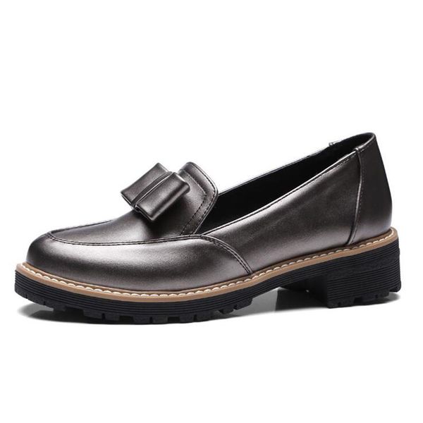 

gun color oxfords brogue shoes 2020 fashion bow pu leather students' flats slip on platform square heel women loafers tb985-2, Black
