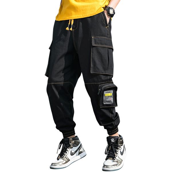 

men's pants spring trend elastic belt multi pocket overalls loose hip hop casual, Black