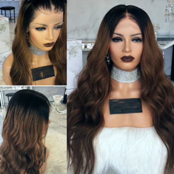 

ombre brown long body wave hair glueless heat resistant synthetic lace front wigs 24inches fashion women wig with baby hair, Black