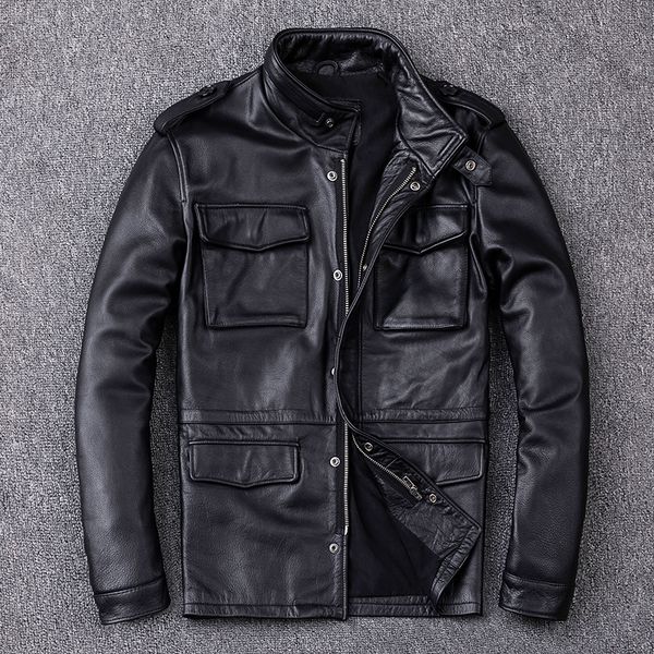 

hunting m65 genuine leather jacket men long cowskin stand collar motorcycle leather jacket multi-pocket biker leather coat, Black