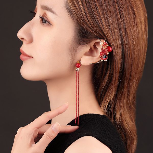 

chinese bride tassel earrings without pierced ears, red accessories gold pendant earrings festive clothing accessories, Silver