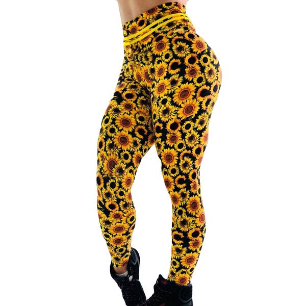 

sport leggings women yoga pants workout fitness gym clothing women's sunflower printed hip breathing exercise running pants#10, White;red