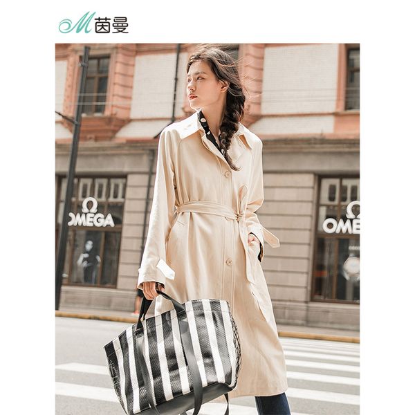 

women's trench coats inman arrival turn down collar show waist with bandage long sleeve loose style a line shape women coat, Tan;black
