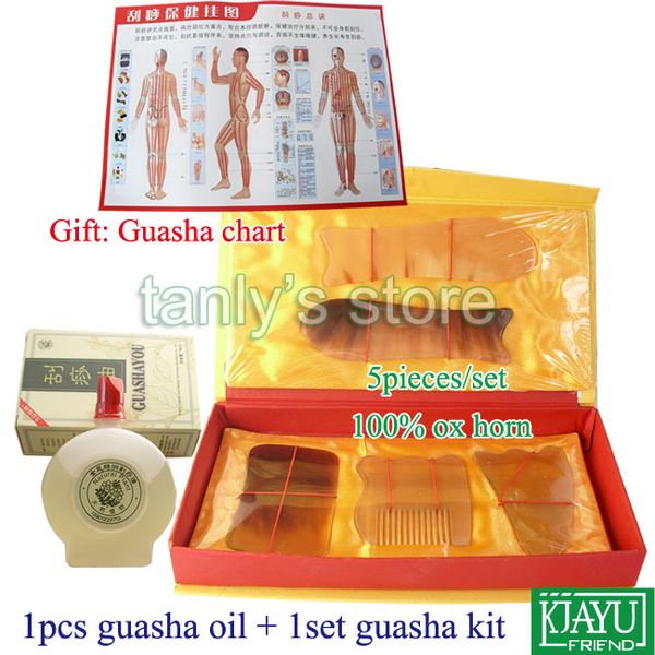 

wholesale & retail traditional acupuncture massage tool guasha beauty face kit ox horn 1set guasha kit+1pcs gua sha oil