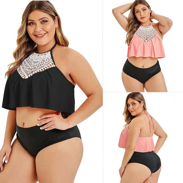 

купальники для женщин двухкусочных купальников раффлед волана top с высокой талией бикини set, White;black