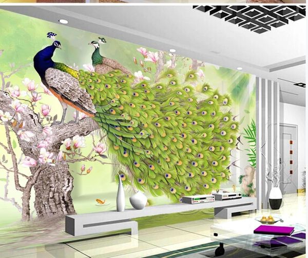 3D Wandbilder Tapete für Wohnzimmer Malerei Grüner Pfau Rich Blumen und Vögel Chinesische Stil Wand