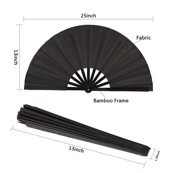 

2 pieces large folding fan nylon cloth handheld chinese kung fu tai chi black decoration fold hand for party other home decor