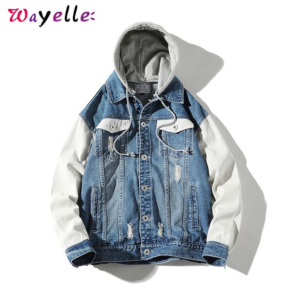

men jean jacket patchwork hip hop hooded denim jacket men winter loose embroidery outwear jeans plus size m-5xl, Black;brown