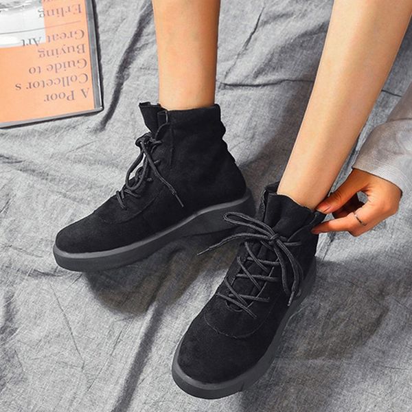 

women suede winter boots keep warm retro ankle lace up flat heel round head boots flock pleated sewing chaussures femme, Black
