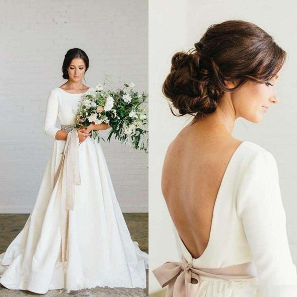 

Country Satin Boho Wedding Dresses Long Sleeves 2019 Blush Sash Princess Church Vintage Bridal Gowns vestido de noiva Cheap