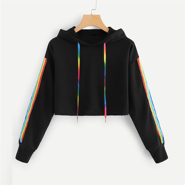 

fashion female long sleeve hoodie pullover sweatshirt rainbow hoodies women's sweatshirt long-sleeved hooded lace up, Black