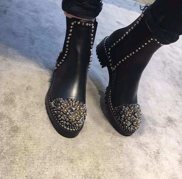 

women luxury designer boots leather ankle boot chunky heel martin shoes print leather platform desert lace-up boot rivets gold martin boots, Black