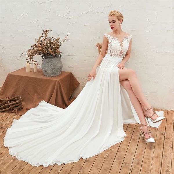 

simple elegant chiffon bohemian wedding dresses 2019 sheer neck lace appliques cap sleeves thigh-high slits beach bridal gowns, White