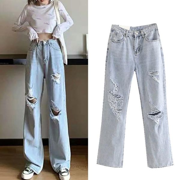 

cthink good quality light blue solid jeans women stylish hole cotton summer denim pant for woman casual street womens pants