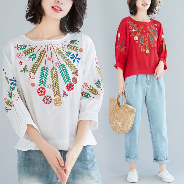 

new arrival embroidery blouse women ethic chic shirt mori girl student, White