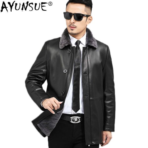 

ayunsue autumn winter genuine leather jacket men sheepskin coat 100% wool liner real fur coats chaqueta cuero hombre kj1382, Black