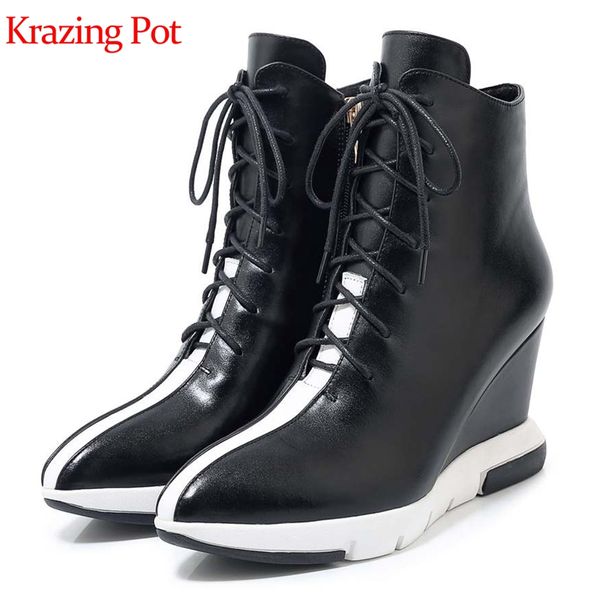 

krazing pot new genuine leather pointed toe thick bottom wedges high heel lace up leisure motorcycle mixed color ankle boots l77, Black