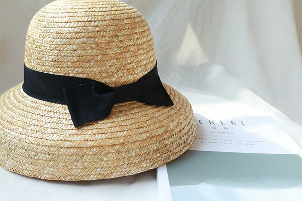 

01904-xiao03206 handmade straw bowknot hepburn style lampshade modeli leisure lady holiday beach bucket cap women outdoor hat, Blue;gray