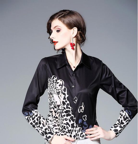 

black leopard print button detail long sleeve blouses ol style shirts spring summer ladies blouses women shirts lapel neck, White