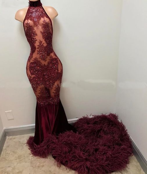 

Sexy Illusion Lace Mermaid Burgundy Velvet Feather Prom Dresses for Black Girl High Neck Long Women African Formal Evening Dress