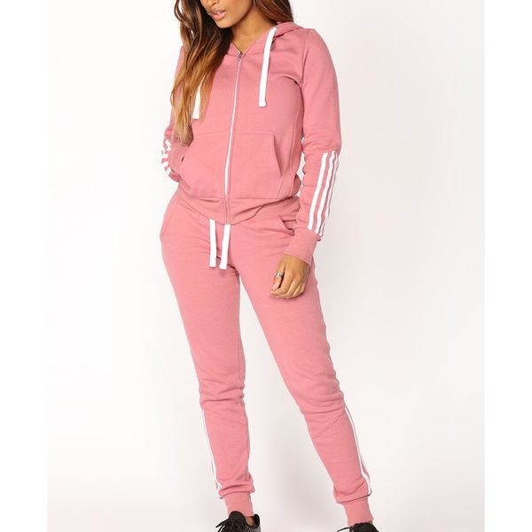 

two piece set 2019 spring fashion women casual stripe zipper long sleeve pullove sport +long pants set women matching sets, White