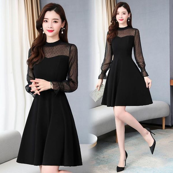 

2020 vintage black mesh mini dress spring autumn 4xl plus size solid long sleeve dress elegant women bodycon party vestidos, Black;gray