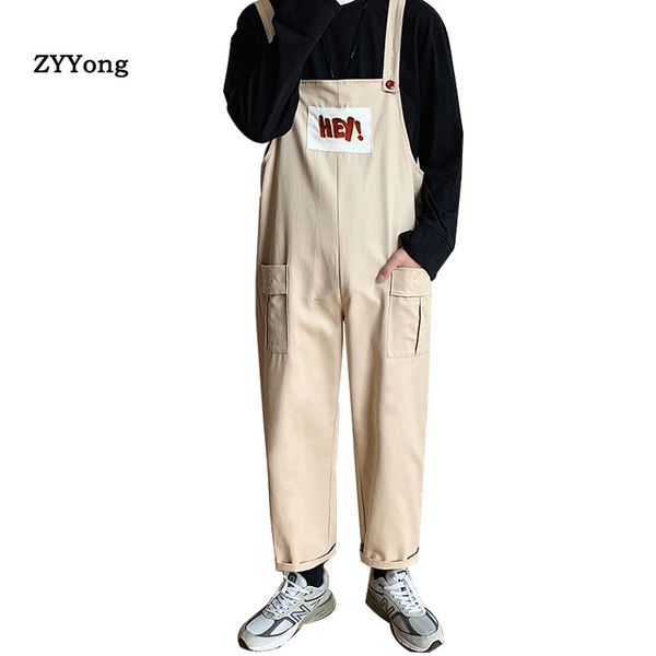 

2020 new fashion men's bib overalls loose pant solid color casual korean style man black khaki jumpsuits rompers ankle-length