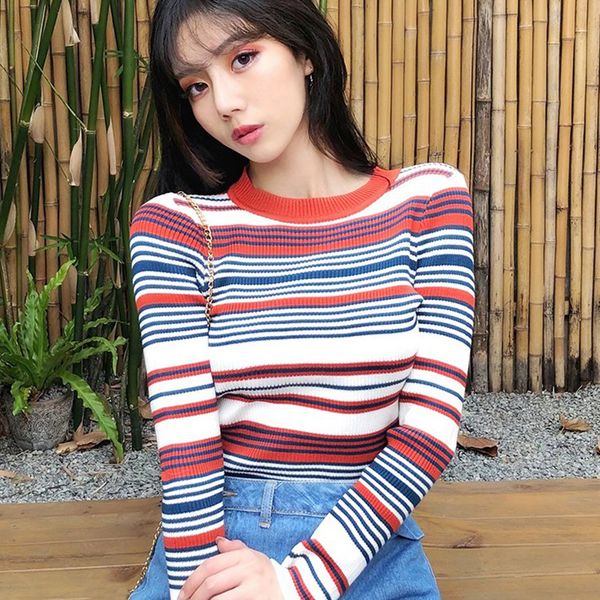 

sweety stripe sweater women knitted korean pullover autumn long sleeve o-neck knitwear slim female jumper fall clothing, White;black