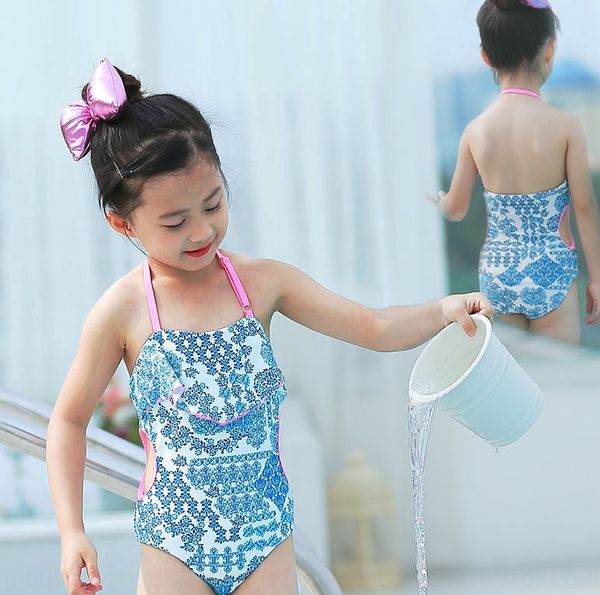 

горячая весна висит шеи купальник 2020 детей маленький средняя и большой детский синий цветочный пустотелые цельный sling купальник девушки, White;black