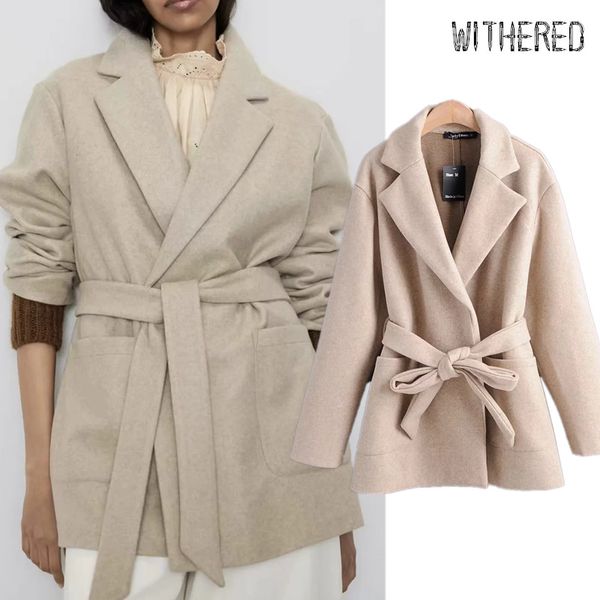 

withered winter woolen overcoat women england style simple office lady solid sashes oversize loose trench coat women plus size, Black