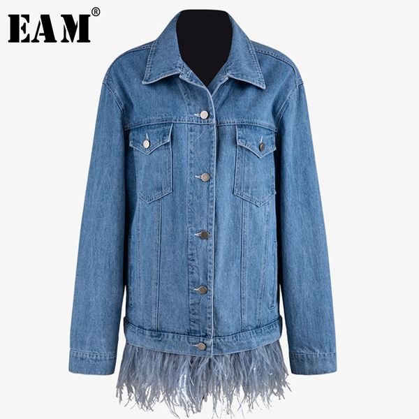 

eam] loose fit blue denim feather splicsed jacket new lapel long sleeve women coat fashion tide autumn winter 2019 jz513, Black;brown