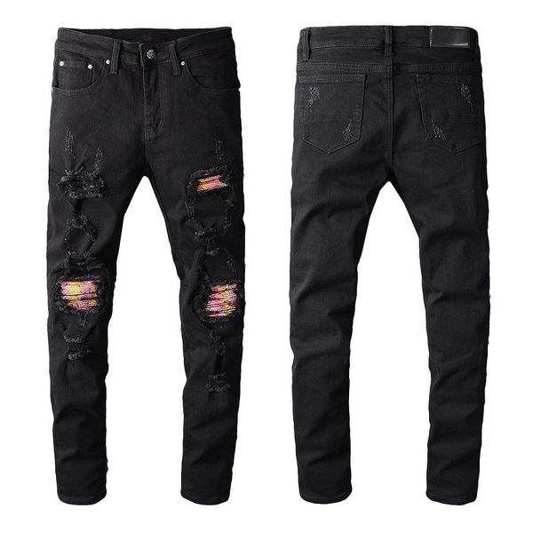 

men's jeans pink bandanna patchwork biker black stretch denim holes ripped skinny pants, Blue