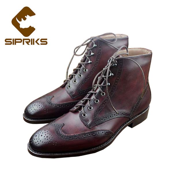 

sipriks mens patina brogues boots burgundy wingtip dress boots classic american work ankle luxury goodyear welted shoes, Black